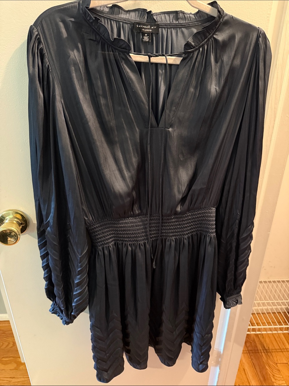 Current Air Navy M Pleated V-Neck Mini Dress with Smocked Waist